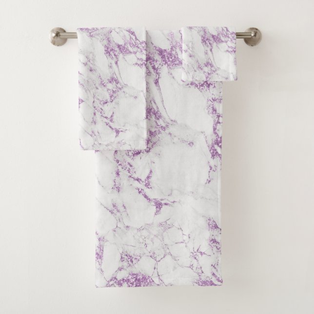 Modern Purple Violet Glitter Foil White Marble Bath Towel Set (Insitu)