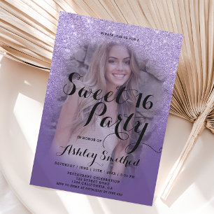 Modern purple violet glitter ombre photo Sweet 16 Invitation