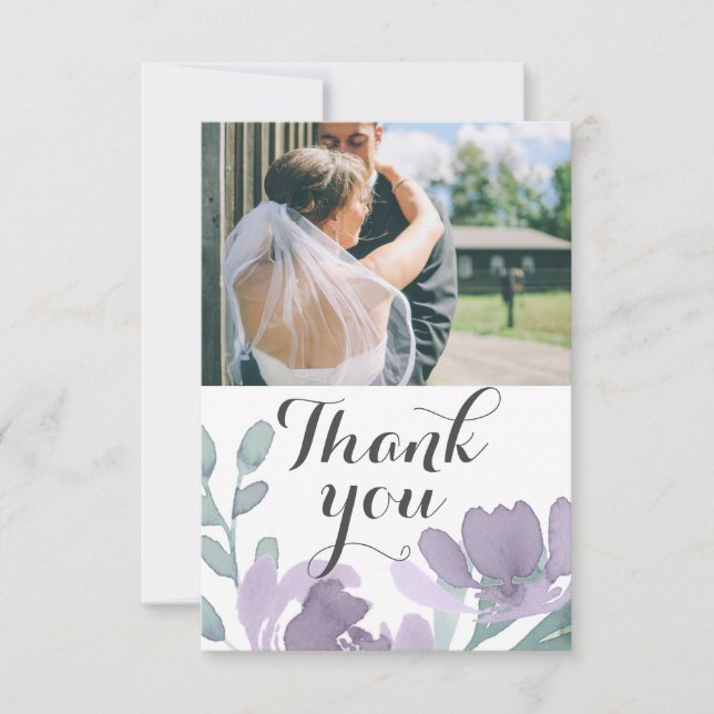 Modern Purple Watercolor Floral Wedding  Thank You Card (Front)