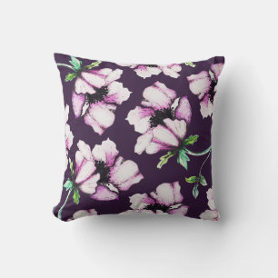 Modern Purple Watercolor & Ink Flowers Cushion