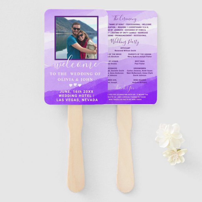 Modern Purple Watercolor photo wedding Program  Ha Hand Fan (Front and Back)