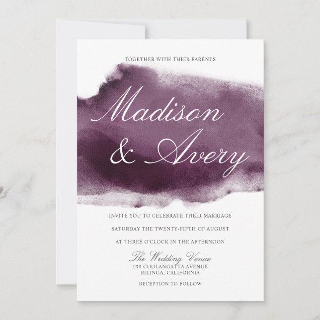 Modern Purple Watercolor Splash Wedding Invitation (Front)