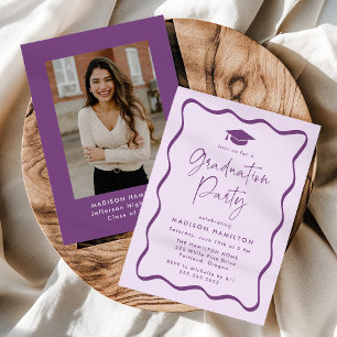 Modern Purple Wavy Frame Photo Graduation Party Invitation