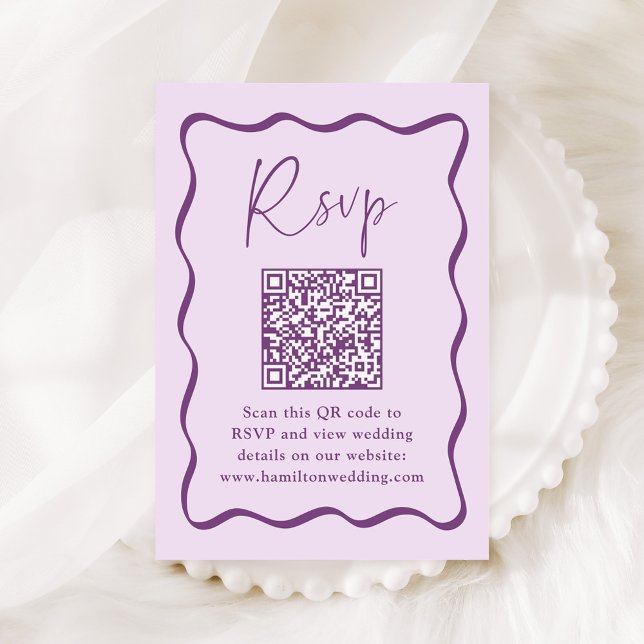 Modern Purple Wavy Frame QR Code Wedding RSVP Enclosure Card (Creator Uploaded)