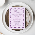 Modern Purple Wavy Frame Wedding Menu<br><div class="desc">Add a vintage touch to your engagement party, rehearsal dinner, or wedding reception with this Modern Purple Wavy Frame wedding menu. The design displays the couple's names, wedding date, and menu options in bold purple lettering surrounded by a dark purple wavy frame border against a light purple background. The retro...</div>