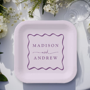 Modern Purple Wavy Frame Wedding Paper Plate