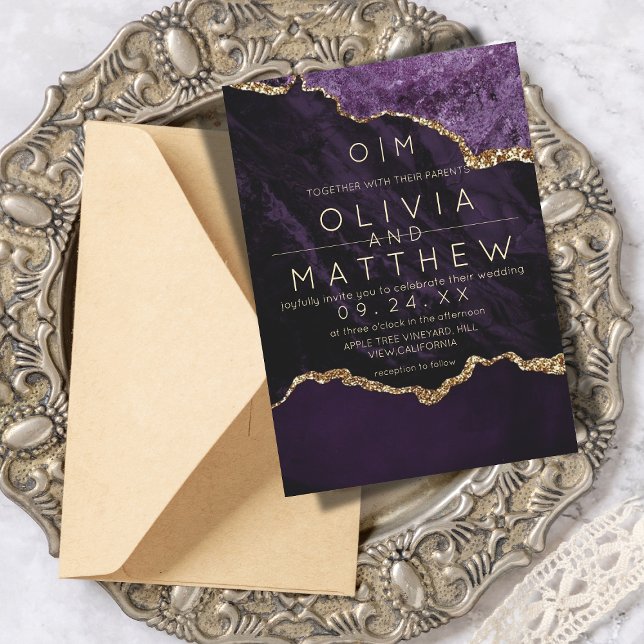 Modern Purple Wedding  Gold Glitter Agate Wedding  Invitation (Creator Uploaded)