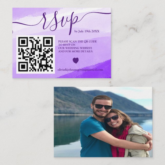 Modern Purple wedding rsvp Qr code photo Enclosure Card (Front/Back)