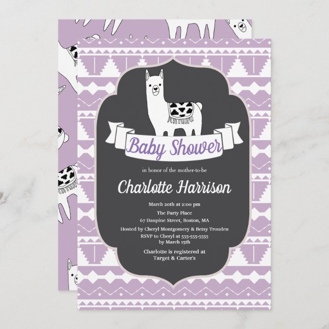 Modern Purple & White Aztec Llamas Baby Shower Invitation (Front/Back)