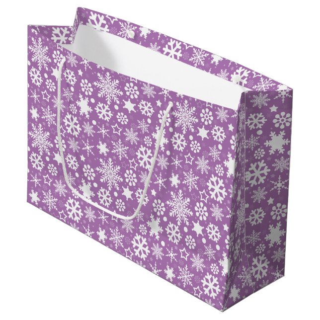 Modern Purple White Christmas Snowflakes Large Gift Bag (Front Angled)