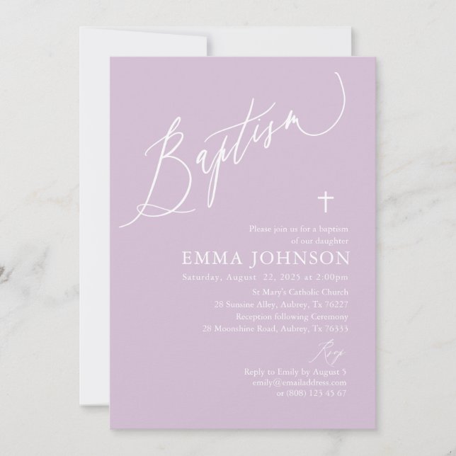 Modern Purple White Cross Girl Baptism Invitation (Front)