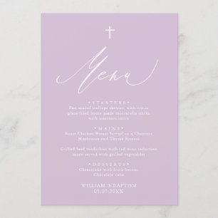 Modern Purple White Cross Girl Baptism Menu Card
