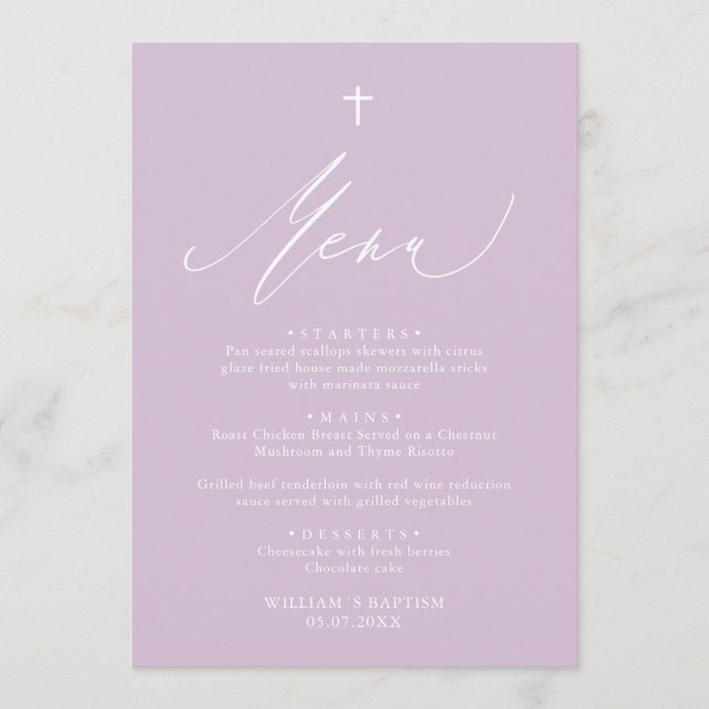Modern Purple White Cross Girl Baptism Menu Card (Front)