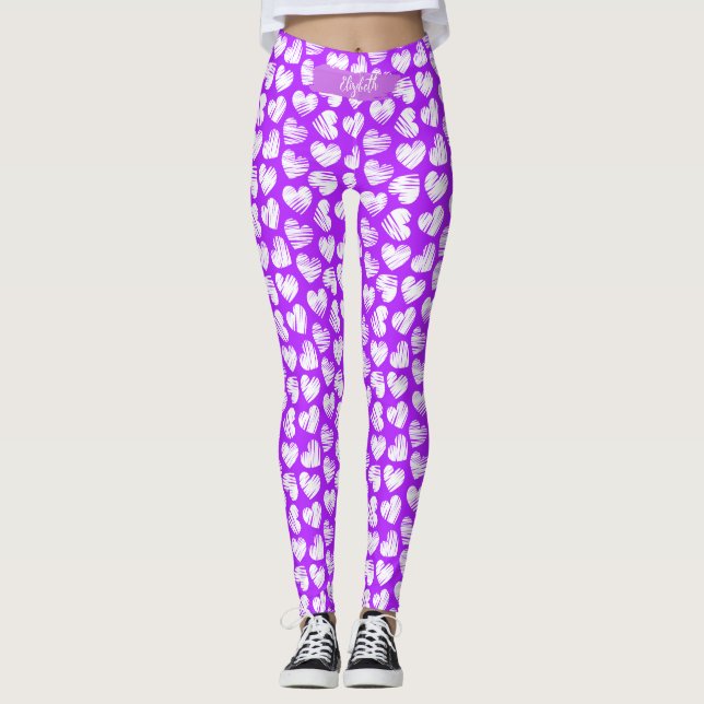 Modern Purple White Doodled Heart Valentine Name Leggings (Front)