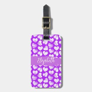Modern Purple White Doodled Heart Valentine Name Luggage Tag