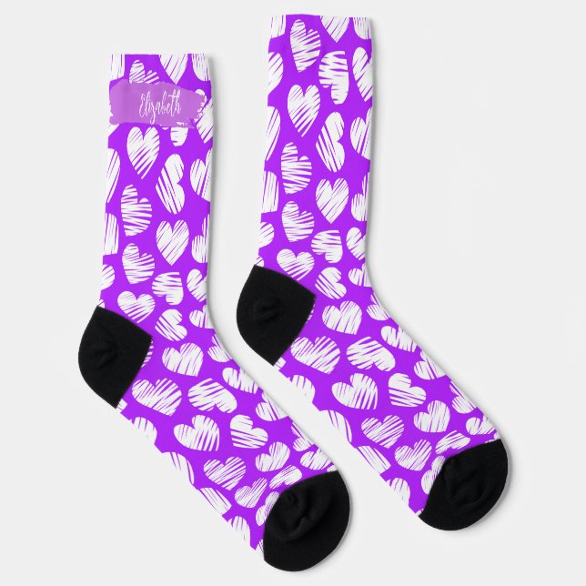 Modern Purple White Doodled Heart Valentine Name Socks (Right)