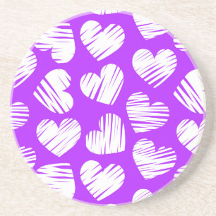 Modern Purple White Doodled Heart Valentine's Day Coaster