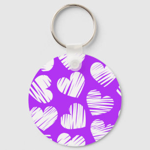 Modern Purple White Doodled Heart Valentine's Day Key Ring