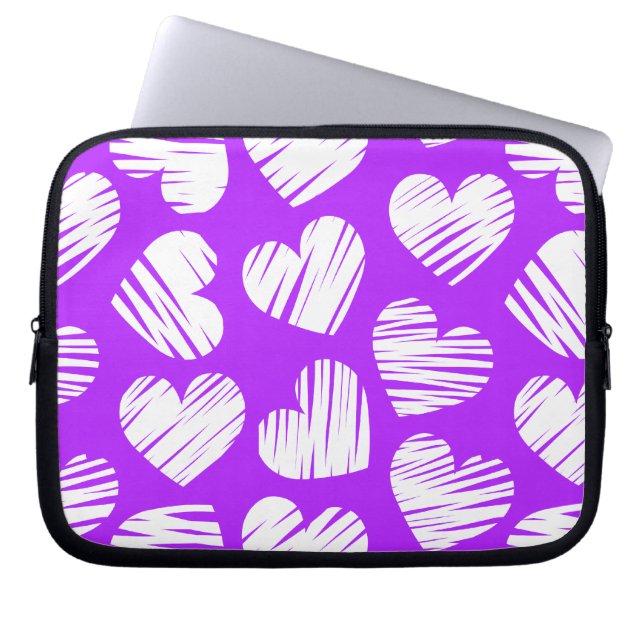 Modern Purple White Doodled Heart Valentine's Day Laptop Sleeve (Front)