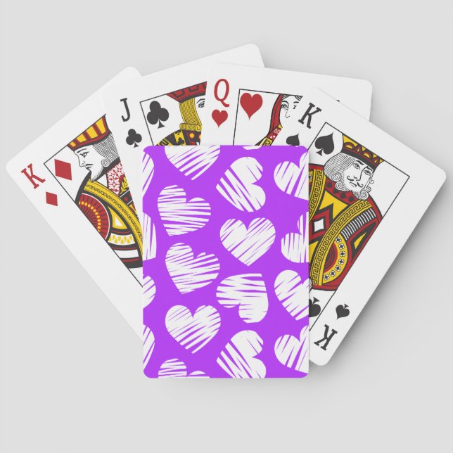 Modern Purple White Doodled Heart Valentine's Day Playing Cards (Back)