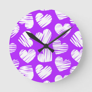 Modern Purple White Doodled Heart Valentine's Day Round Clock