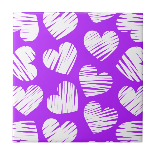 Modern Purple White Doodled Heart Valentine's Day Tile (Front)