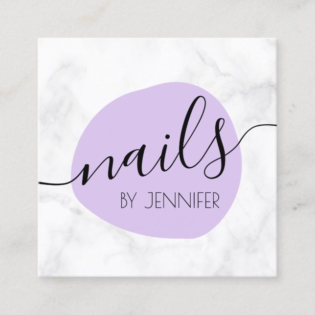Modern purple & white marble nails square business card (Front)