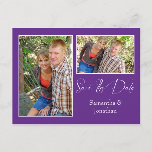 Modern Purple White Photo Collage Save The Date Announcement Postcard (Front)