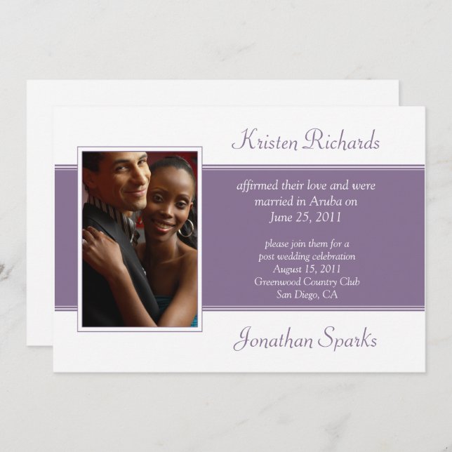 Modern Purple White Photo Post Wedding Celebration Invitation (Front/Back)