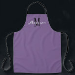 Modern Purple White Script Monogram Personalised Apron<br><div class="desc">Show your style with this Modern Purple White Script Monogram Personalised Apron. It is designed with a dark purple all-over-print background and initial is in black and name is in white calligraphy script lettering. Makes a great gift idea for women who love to bake and cook. Click personalise template option...</div>