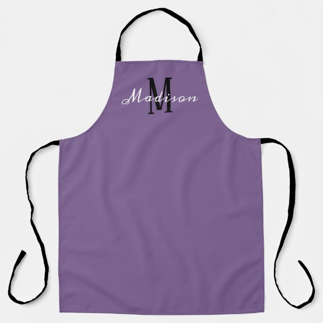 Modern Purple White Script Monogram Personalised Apron (Front)