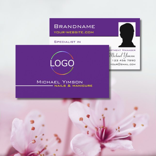 Modern Purple White with Logo & Photo Professional Business Card (Creator Uploaded)