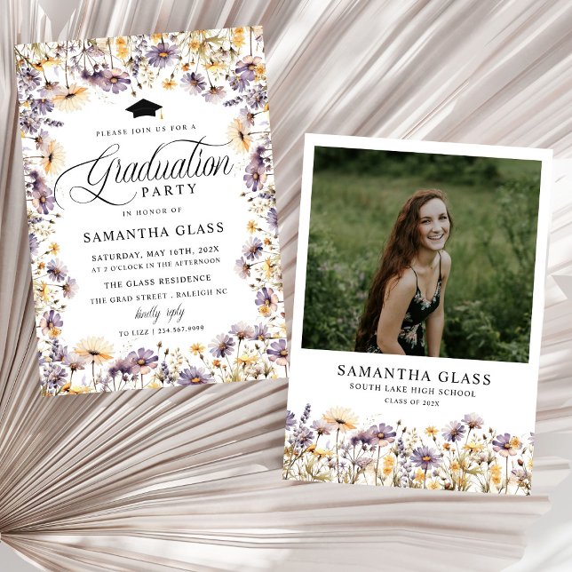 Modern Purple Wildflowers Photo Graduation Party  Invitation (Creator Uploaded)