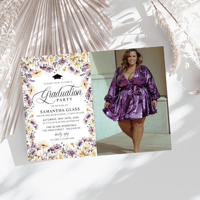 Modern Purple Wildflowers Photo Graduation Party Invitation (Creator Uploaded)