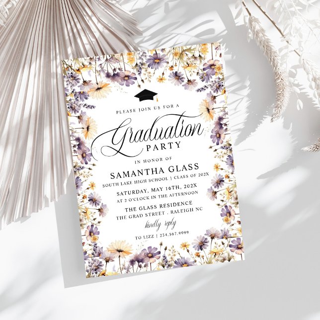 Modern Purple Wildflowers Script Graduation Party Invitation (Creator Uploaded)
