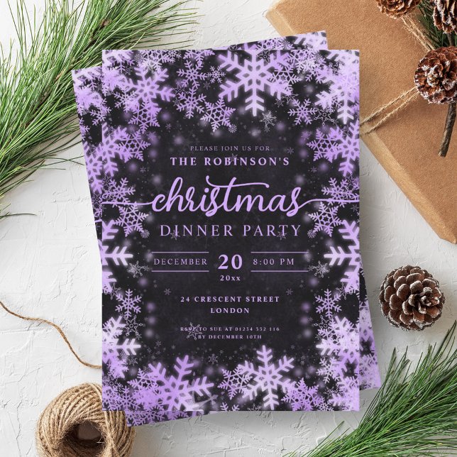 Modern Purple Winter Wonderland Christmas Black Invitation (Modern Purple Winter Wonderland Christmas Black Invitation)
