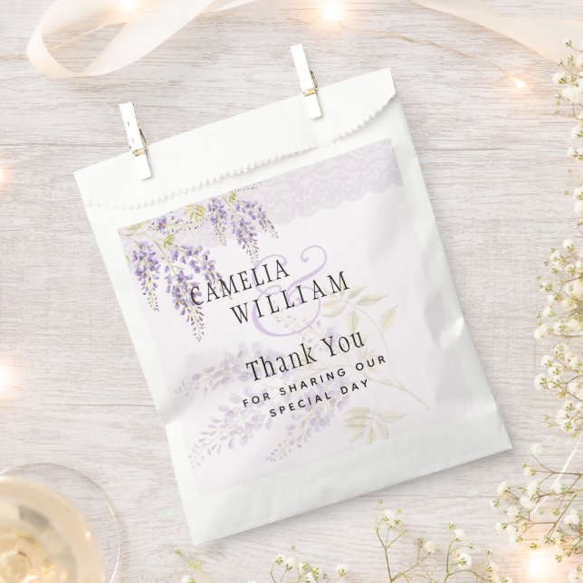 Modern Purple Wisteria Floral Lace Wedding Favour Bag (Clipped)