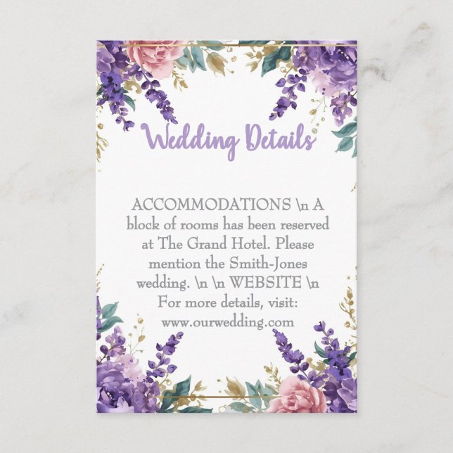 👉 Modern Purple Wisteria Gold Wedding Details Enc Enclosure Card (Front)