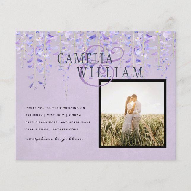 Modern Purple Wisteria Lace PHOT) Wedding INVITE (Front)