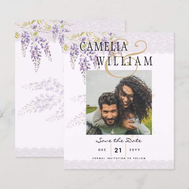 Modern Purple Wisteria PHOTO Wedding Save The Date (Front/Back)
