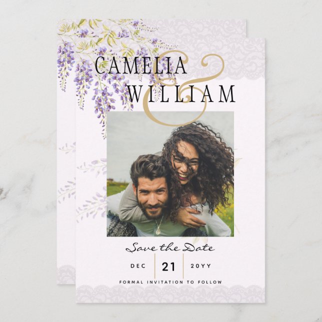 Modern Purple Wisteria PHOTO Wedding Save The Date Invitation (Front/Back)