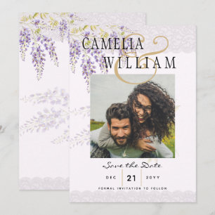 Modern Purple Wisteria PHOTO Wedding Save The Date Invitation