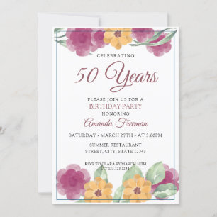 Modern Purple & Yellow Flowers Mother Birthday Invitation