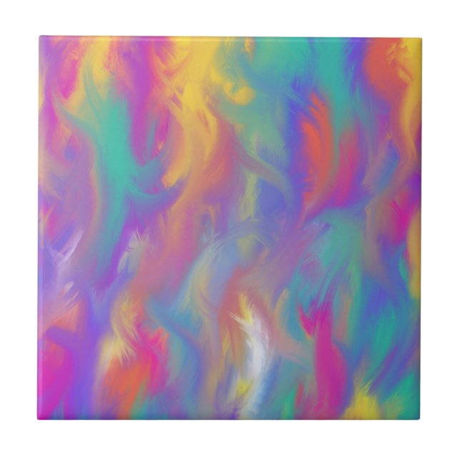 Modern purple yellow pink teal abstract painting ceramic tile (Front)