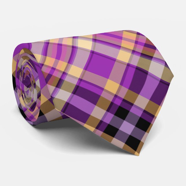 Modern Purple Yellow Tartan Pattern Tie (Rolled)