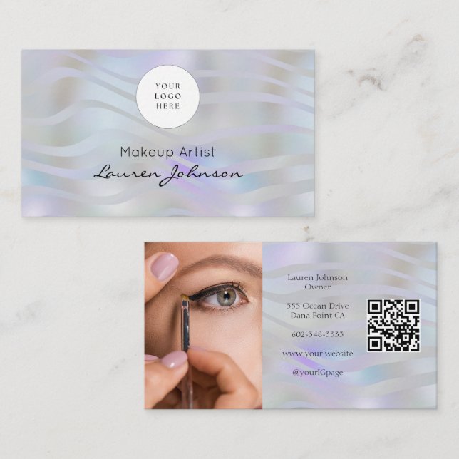 Modern QR Code Black Script Photo Makeup  Business Card (Front/Back)