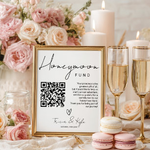 Modern QR code Black white Honeymoon Fund Wedding Poster