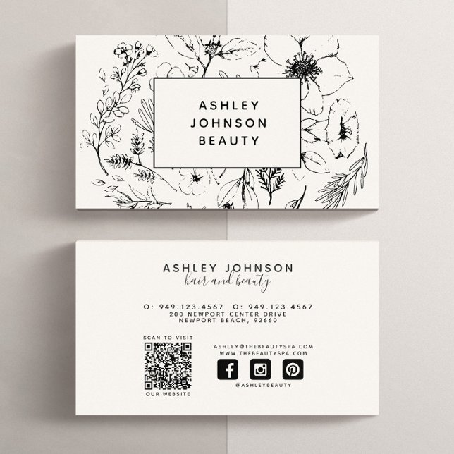 Modern QR Code Botanical Blush Black Social Media Business Card (QR Code Social Media Business Card)