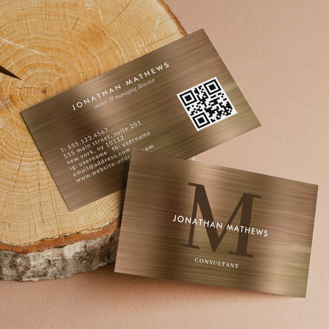 Modern QR Code Brushed Metallic Gold Monogram Business Card (Creator Uploaded)