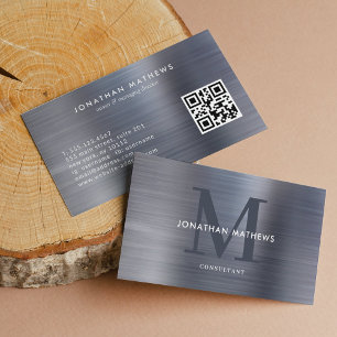 Modern QR Code Brushed Metallic Grey Monogram Business Card